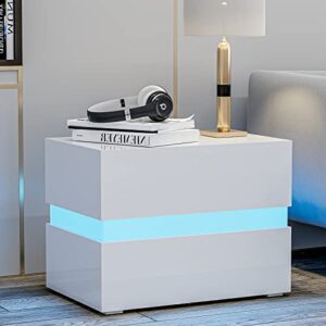 ikifly modern led end table with 2 drawers, high glossy nightstand with storage cabinet, bedside for bedroom furniture