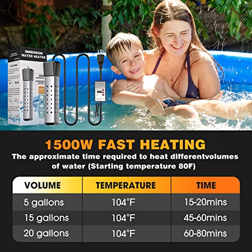 Water Heater, Pool Heater, Immersion Bucket Water Heater, Submersible Water Heater 304 Stainless Steel Guard with Controller, Pool Heater for Above Ground Pool to Heat 5 Gallons of Water in Minutes