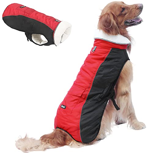 EMUST Winter Dog Jackets,Adjustable Dog Winter Clothes with Leash Ring,Reflective Small/Medium/Large Cold Weather Dog Coat, 6 Colors 6 Sizes (L, Red)