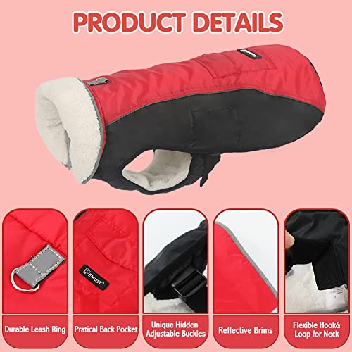 EMUST Winter Dog Jackets,Adjustable Dog Winter Clothes with Leash Ring,Reflective Small/Medium/Large Cold Weather Dog Coat, 6 Colors 6 Sizes (L, Red)