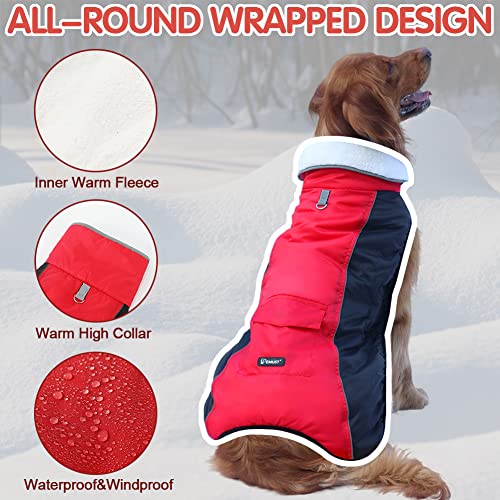 EMUST Winter Dog Jackets,Adjustable Dog Winter Clothes with Leash Ring,Reflective Small/Medium/Large Cold Weather Dog Coat, 6 Colors 6 Sizes (L, Red)