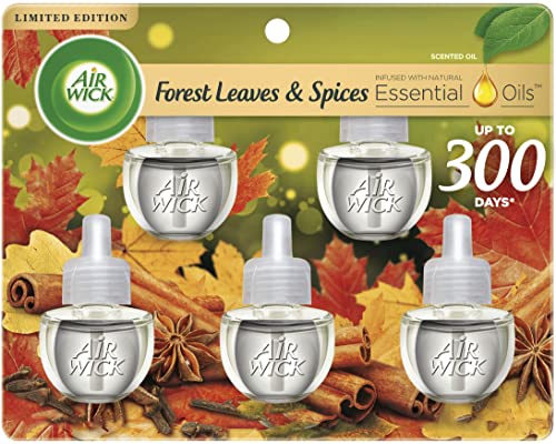 Air Wick Plug in Scented Oil Refill, 5ct, Forest Spice & Leaves, Fall Scent, Essential Oils, Air Freshener