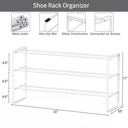 Coopzero Shoe Rack,3 Tier Shoe Rack for Closet,Shoe Shelf Storage Organizer,Free Standing Shoe Racks,Metal Shoe Rack for Entryway(White)