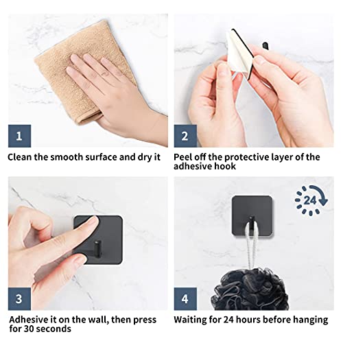 Self Adhesive Hook, Waterproof in Shower Hooks for Hanging Loofah, Towels, Clothes, Robes for Bathroom Stainless Steel Removable Adhesive Wall Hook Heavy Duty Stick on Hooks 4 Pcs (Black 4 PCS)