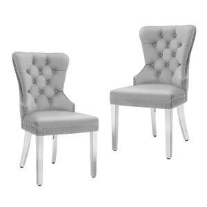 creek vista velvet dining chairs set of 2, upholstered tufted dining room chairs, stylish stainless steel legs chairs for dining room with ring pull, grey