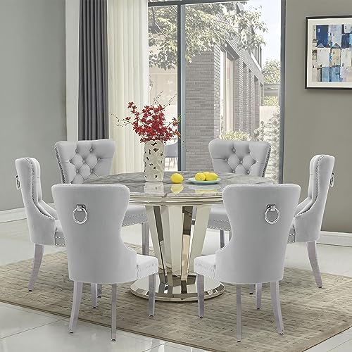 Creek Vista Velvet Dining Chairs Set of 2, Upholstered Tufted Dining Room Chairs, Stylish Stainless Steel Legs Chairs for Dining Room with Ring Pull, Grey