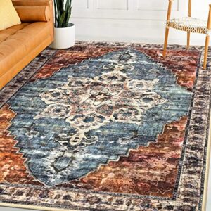 colorpapa area rug 5x7 machine washable rugs boho living room rug non-slip for bedroom dinning room kitchen hallway blue taupe carpet