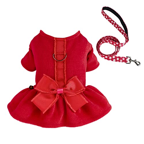 Fitwarm Dog Harness Dress with Leash Set, Christmas Dog Clothes for Small Dogs Girl, Cat Winter Apparel, Red, Medium