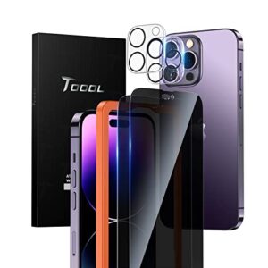 tocol 4 pack for iphone 14 pro max privacy screen protector 6.7''- 2x privacy tempered glass screen protector & 2x camera lens protector, bubble free, 10x shockproof, installation frame, [anti-spy]
