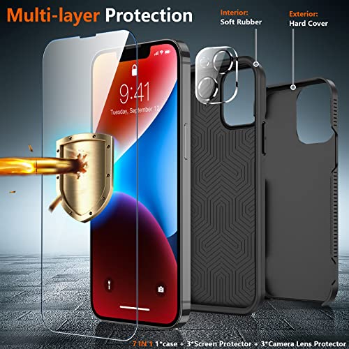 Justcool 5-in-1 iPhone 14 Plus Case: 10ft Military-Grade Drop Protection, 2 Tempered Glass & Camera Lens Protectors, Full-Body Shockproof (Black)