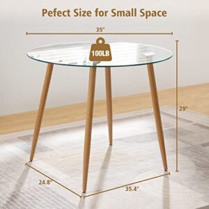 SICOTAS Dining Table Round - Glass Top Kitchen Table with Wooden Metal Legs, Modern Dining Room Table for 2 or 4, Circle Dinner Table for Kitchen, Small Spaces, Apartment,35 x 29 inch, Clear