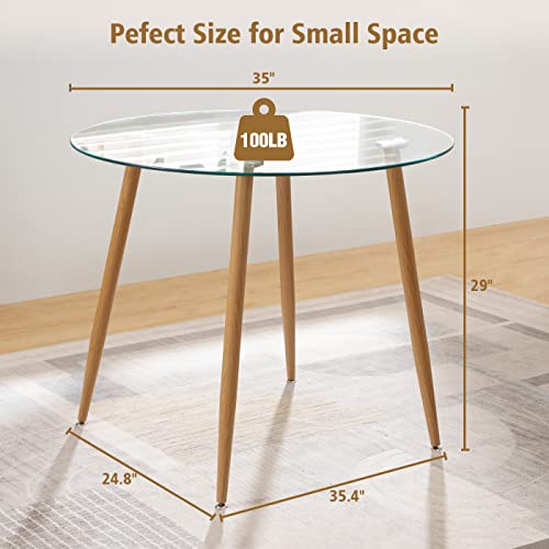 SICOTAS Dining Table Round - Glass Top Kitchen Table with Wooden Metal Legs, Modern Dining Room Table for 2 or 4, Circle Dinner Table for Kitchen, Small Spaces, Apartment,35 x 29 inch, Clear