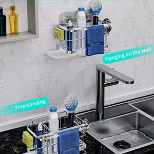 HapiRm Kitchen Sink Caddy with Adjustable Partitions, SUS304 Stainless Steel Kitchen Sponge Holder with Drain Tray, Wall Mounted and Countertop Dual-Use Kitchen Sink Organizer for Kitchen-Silver