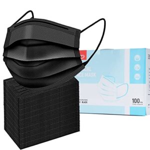 zd black disposable face masks 100 pcs, breathable face mask for men women, 3- ply comfortable filter protection adult masks with adjustable nose wire & elastic ear loop