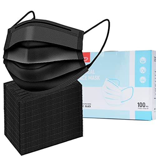 ZD Black Disposable Face Masks 100 Pcs, Breathable Face Mask for Men Women, 3- Ply Comfortable Filter Protection Adult Masks with Adjustable Nose Wire & Elastic Ear Loop