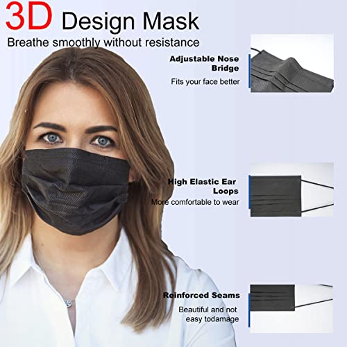 ZD Black Disposable Face Masks 100 Pcs, Breathable Face Mask for Men Women, 3- Ply Comfortable Filter Protection Adult Masks with Adjustable Nose Wire & Elastic Ear Loop