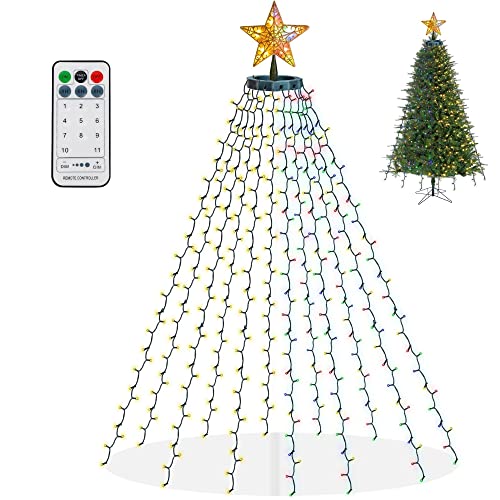 Dazzle Bright Christmas Tree Lights with Star Topper, 300 LED Waterfall Tree Lights with Remote & 11 Modes, 6.6FT X 12 Lines Christmas Lights for Outdoor Yard Xmas Tree (Warm White & Multi-Colored)