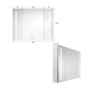 Bathlink Lighted Medicine Cabinet, LED Medicine Cabinet with Mirror, 30"×27.5"×5", Recessed & Surface Mount Medicine Cabinet, LED Medicine Cabinet Mirror for Bathroom, Defog, Dimmer, 3 Doors