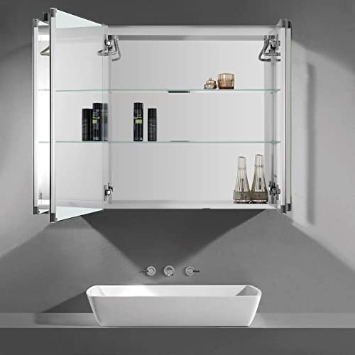 Bathlink Lighted Medicine Cabinet, LED Medicine Cabinet with Mirror, 30"×27.5"×5", Recessed & Surface Mount Medicine Cabinet, LED Medicine Cabinet Mirror for Bathroom, Defog, Dimmer, 3 Doors