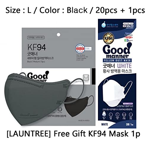 LAUNTREE Good Manner Mask Bird Beak Type 2D (L Size / 20p)+ KF94 Mask 1pcs SET- for Adult 4-Layers Filter KF94 Face Protection Color Mask [Made in Korea] (Black)
