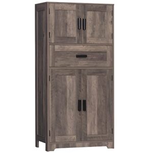 quimoo tall bathroom cabinet, bathroom storage cabinet with large drawer & adjustable shelf, bathroom storage cabinet with 4 doors for living room, bedroom, home office, grey wash