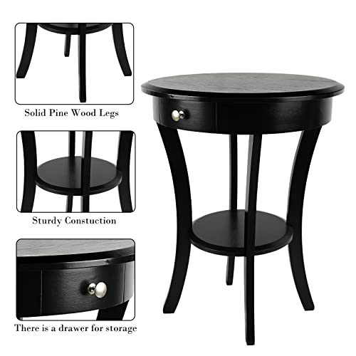 ECOMEX Round Wood Side Table, 20 Inch Wood Curved Legs Living Room Table with Storage Shelf with Intersecting Pedestal Base, Black End Tables for Kitchen, Dining Room, Bedroom, Coffee Bar, Sofa