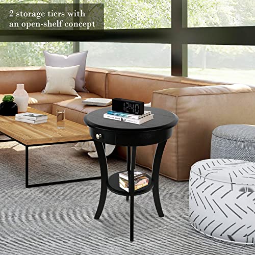 ECOMEX Round Wood Side Table, 20 Inch Wood Curved Legs Living Room Table with Storage Shelf with Intersecting Pedestal Base, Black End Tables for Kitchen, Dining Room, Bedroom, Coffee Bar, Sofa