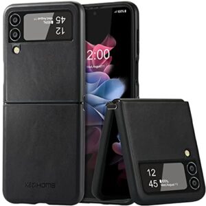 kezihome samsung galaxy z flip 4 case, samsung z flip 4 genuine leather case, slim thin shockproof full-body protective cover phone case compatible with galaxy z flip 4 5g (black)