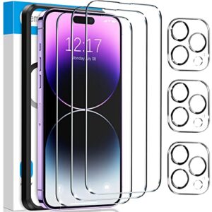 fotbor for [3+3 pack] iphone 14 pro max screen protector with camera lens protector, 9h shatterproof tempered glass film with easy installation frame, hd clear sensitive full coverage 6.7 inch