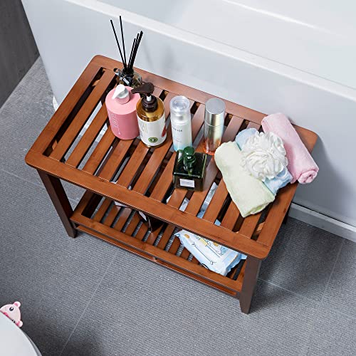 Zoopolyn Bamboo Shower Bench Stool with Storage Shelf Shower Bath Seat for Shaving Legs Waterproof in Bathroom & Inside Shower Brown