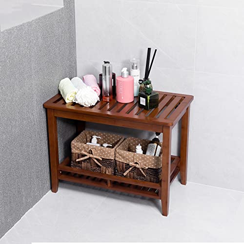 Zoopolyn Bamboo Shower Bench Stool with Storage Shelf Shower Bath Seat for Shaving Legs Waterproof in Bathroom & Inside Shower Brown