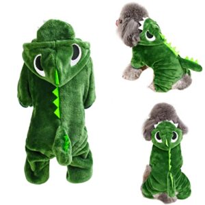 caisang small pet halloween costumes cute green dog hoodie dinosaur cosplay clothing winter warm onesies coat cat cold weather clothes velvet pajamas doggie outfit funny apparel for small dogs xs