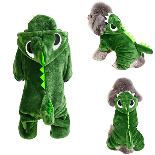 CAISANG Small Pet Halloween Costumes Cute Green Dog Hoodie Dinosaur Cosplay Clothing Winter Warm Onesies Coat Cat Cold Weather Clothes Velvet Pajamas Doggie Outfit Funny Apparel for Small Dogs XS