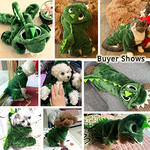 CAISANG Small Pet Halloween Costumes Cute Green Dog Hoodie Dinosaur Cosplay Clothing Winter Warm Onesies Coat Cat Cold Weather Clothes Velvet Pajamas Doggie Outfit Funny Apparel for Small Dogs XS