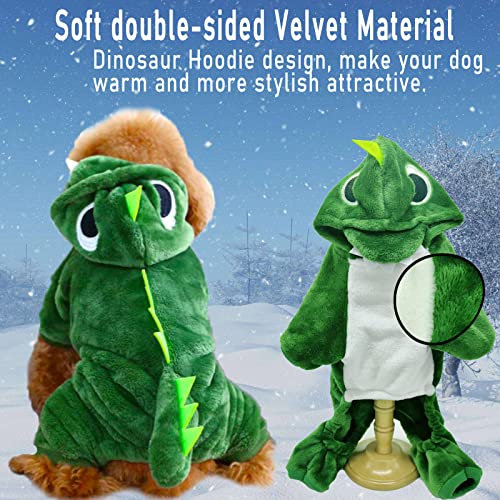 CAISANG Small Pet Halloween Costumes Cute Green Dog Hoodie Dinosaur Cosplay Clothing Winter Warm Onesies Coat Cat Cold Weather Clothes Velvet Pajamas Doggie Outfit Funny Apparel for Small Dogs XS