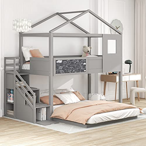 Twin Over Full House Bunk Bed with Storage Staircase & Blackboard, Wood Kids Bunk Bed with Roof and Guardrails, Playhouse Bunk Beds for Kids, Teens, Adults, No Box Spring Required (Gray)