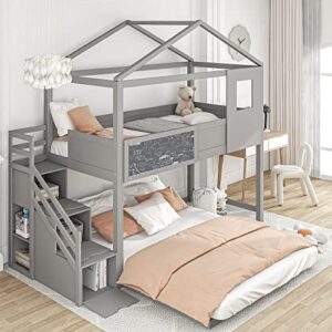 Twin Over Full House Bunk Bed with Storage Staircase & Blackboard, Wood Kids Bunk Bed with Roof and Guardrails, Playhouse Bunk Beds for Kids, Teens, Adults, No Box Spring Required (Gray)