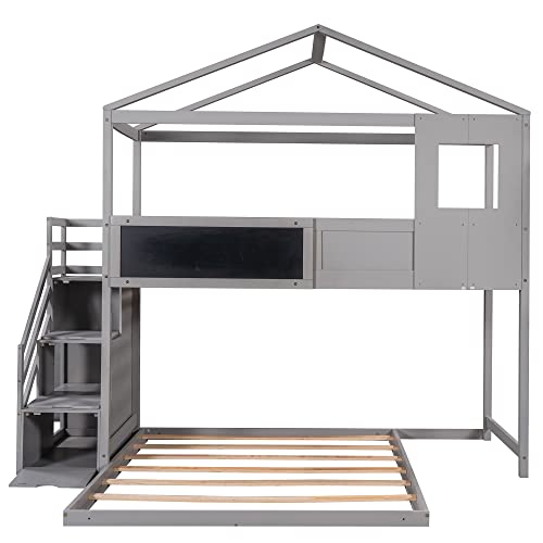 Twin Over Full House Bunk Bed with Storage Staircase & Blackboard, Wood Kids Bunk Bed with Roof and Guardrails, Playhouse Bunk Beds for Kids, Teens, Adults, No Box Spring Required (Gray)