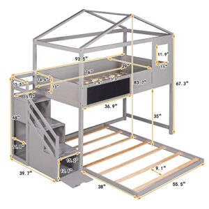 Twin Over Full House Bunk Bed with Storage Staircase & Blackboard, Wood Kids Bunk Bed with Roof and Guardrails, Playhouse Bunk Beds for Kids, Teens, Adults, No Box Spring Required (Gray)