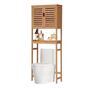 kinbor over the toilet storage - bamboo multifunctional bathroom cabinet with adjustable shelf and 6 hooks, space saver double door organizer, freestanding above toilet rack, natural