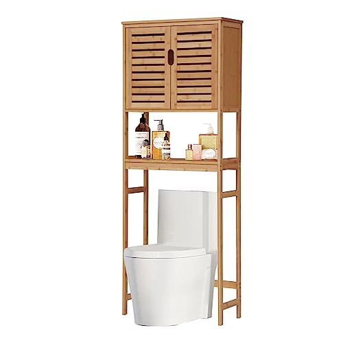 kinbor Over The Toilet Storage - Bamboo Multifunctional Bathroom Cabinet with Adjustable Shelf and 6 Hooks, Space Saver Double Door Organizer, Freestanding Above Toilet Rack, Natural