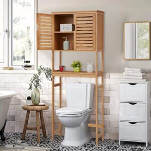 kinbor Over The Toilet Storage - Bamboo Multifunctional Bathroom Cabinet with Adjustable Shelf and 6 Hooks, Space Saver Double Door Organizer, Freestanding Above Toilet Rack, Natural