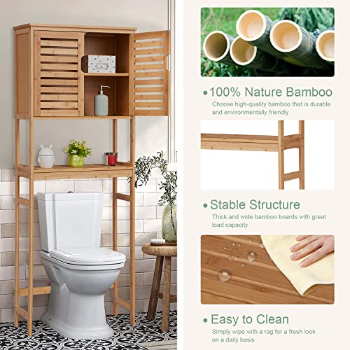 kinbor Over The Toilet Storage - Bamboo Multifunctional Bathroom Cabinet with Adjustable Shelf and 6 Hooks, Space Saver Double Door Organizer, Freestanding Above Toilet Rack, Natural