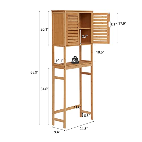 kinbor Over The Toilet Storage - Bamboo Multifunctional Bathroom Cabinet with Adjustable Shelf and 6 Hooks, Space Saver Double Door Organizer, Freestanding Above Toilet Rack, Natural