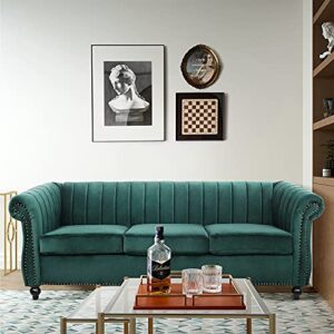 qhitty velvet sofa, 84” chesterfield sofa upholstered 3 seater large sofa with removable cushions and rolled arm for living room, dorm, office (dark green)