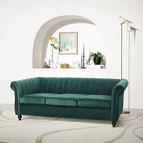 QHITTY Velvet Sofa, 84” Chesterfield Sofa Upholstered 3 Seater Large Sofa with Removable Cushions and Rolled Arm for Living Room, Dorm, Office (Dark Green)