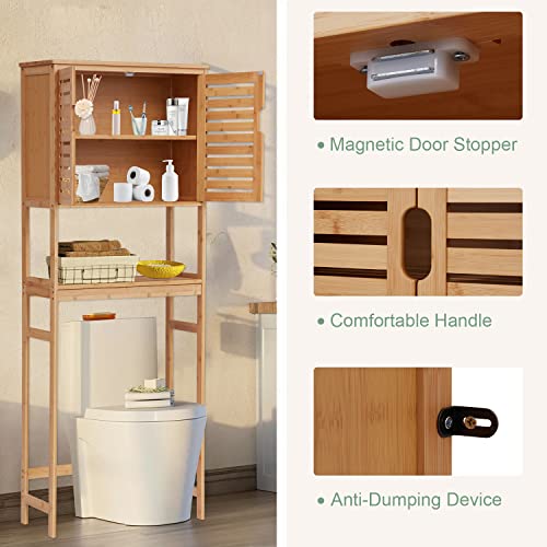 kinbor Over The Toilet Storage - Bamboo Multifunctional Bathroom Cabinet with Adjustable Shelf and 6 Hooks, Space Saver Double Door Organizer, Freestanding Above Toilet Rack, Natural