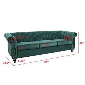 QHITTY Velvet Sofa, 84” Chesterfield Sofa Upholstered 3 Seater Large Sofa with Removable Cushions and Rolled Arm for Living Room, Dorm, Office (Dark Green)