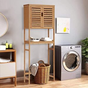 kinbor Over The Toilet Storage - Bamboo Multifunctional Bathroom Cabinet with Adjustable Shelf and 6 Hooks, Space Saver Double Door Organizer, Freestanding Above Toilet Rack, Natural