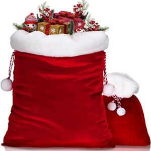 2 Pieces Christmas Velvet Bags with Drawstring in 2 Size Large Christmas Santa Gift Sack for Xmas Playing Santa Present Toy (Red, Simple Style)